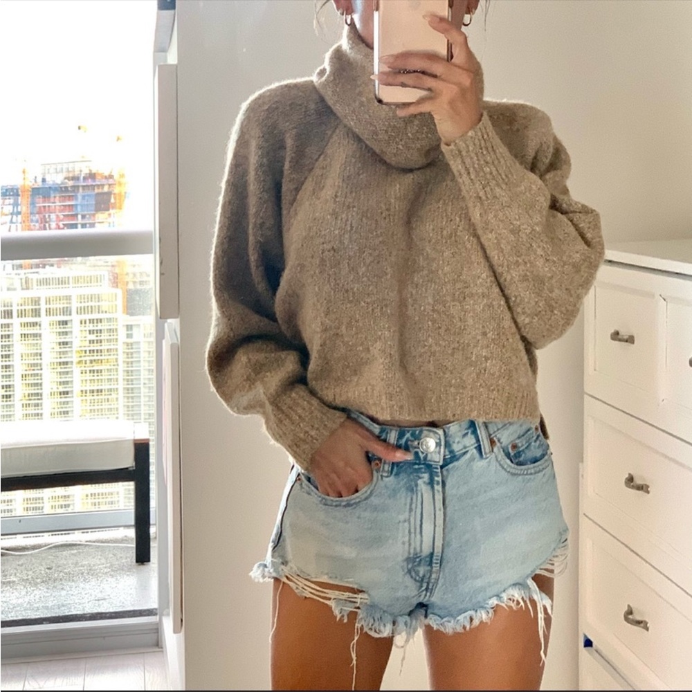 Sincerely Jules Cowl Knit Sweater Taupe Brown Camel Cropped Wool Blend XS